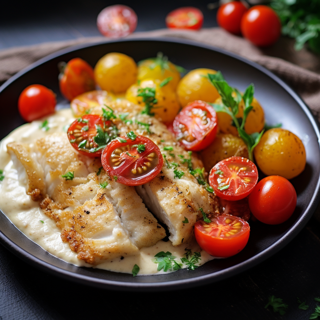 White Fish Fillet Fried in Butter with Hummus and Tomatoes Recipe